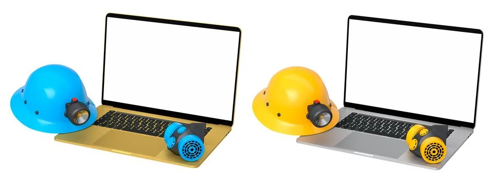 Laptops with blank screens surrounded by construction helmets, respirators an Stock Illustration