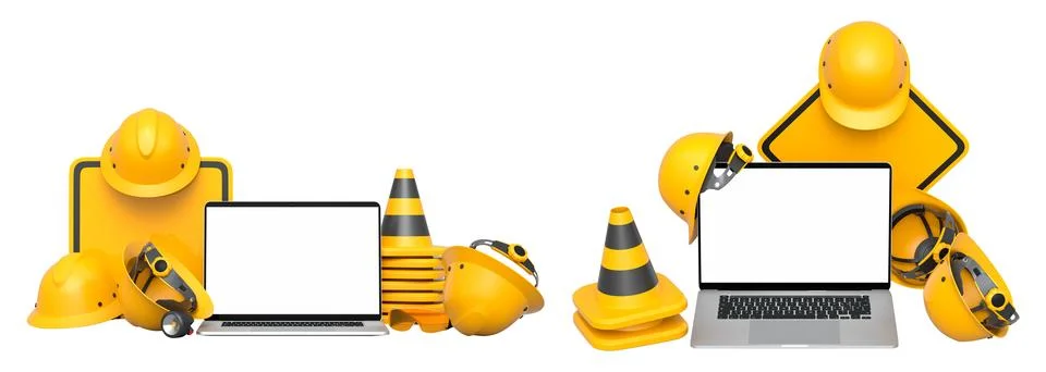 Laptops with blank screens surrounded by construction helmets, cones and wa.. Stock Illustration