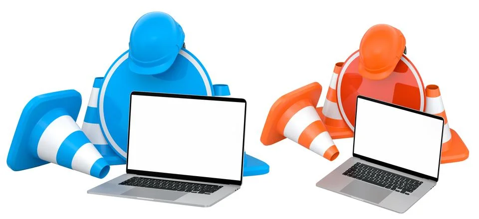 Laptops with blank screens surrounded by construction helmets, cones and wa.. Stock Illustration