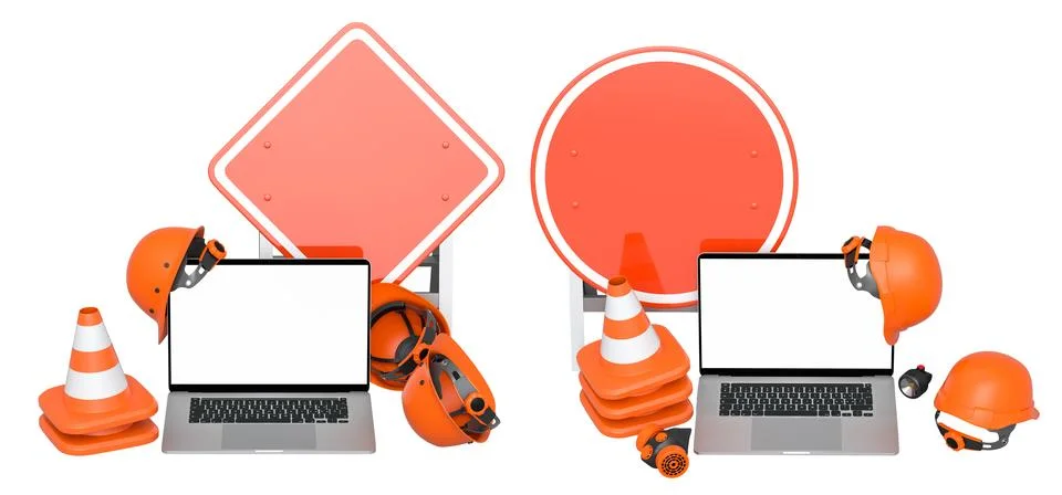 Laptops with blank screens surrounded by construction helmets, cones and warn Stock Illustration