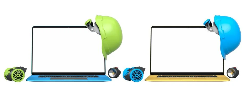 Laptops with blank screens surrounded by construction helmets, respirators an Stock Illustration
