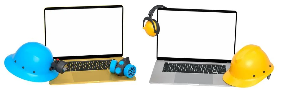 Laptops with blank screens surrounded by construction helmets, isolated on .. Stock Illustration