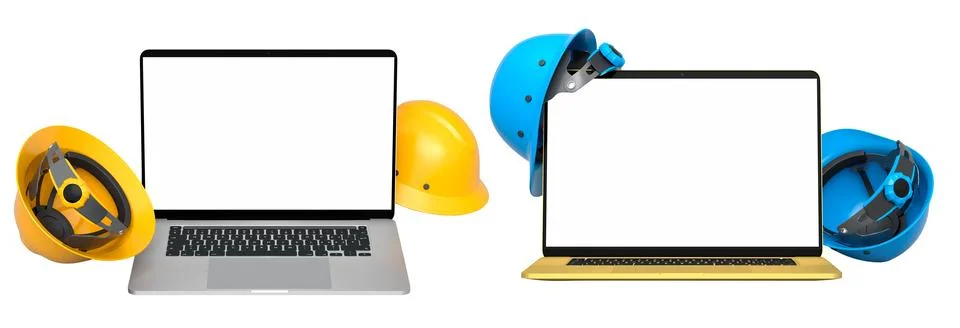 Laptops with blank screens surrounded by construction helmets, isolated on .. Stock Illustration