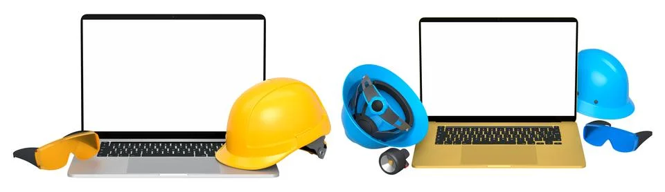 Laptops with blank screens surrounded by construction helmets, respirators .. Stock Illustration