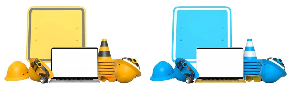Laptops with blank screens surrounded by construction helmets, cones and wa.. Stock Illustration