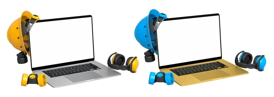 Laptops with blank screens surrounded by construction helmets, respirators an Stock Illustration