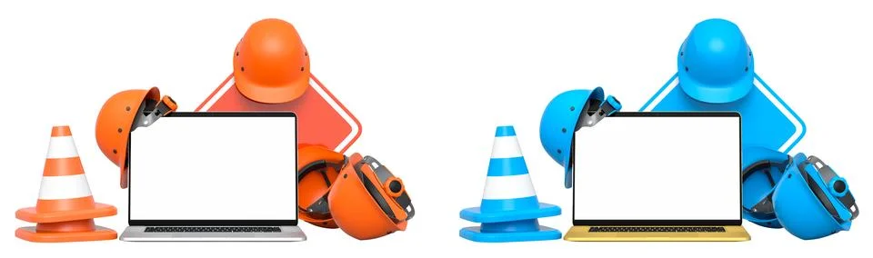 Laptops with blank screens surrounded by construction helmets, cones and wa.. Stock Illustration