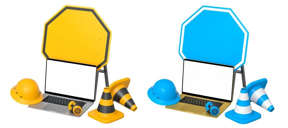 Laptops with blank screens surrounded by construction helmets, cones and wa.. Stock Illustration