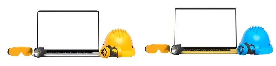 Laptops with blank screens surrounded by construction helmets, respirators an Stock Illustration