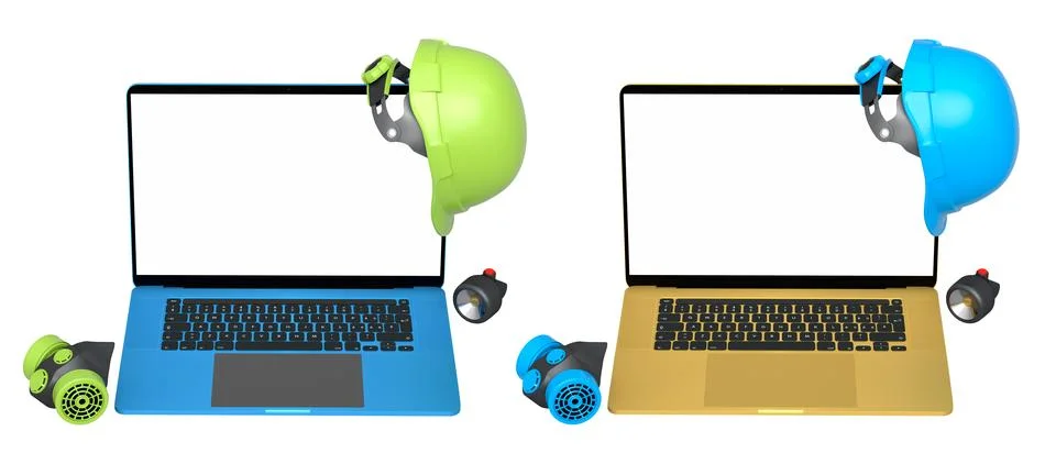 Laptops with blank screens surrounded by construction helmets, respirators .. Stock Illustration
