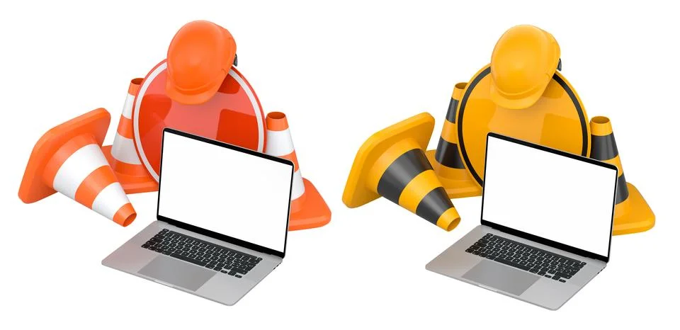 Laptops with blank screens surrounded by construction helmets, cones and wa.. Stock Illustration