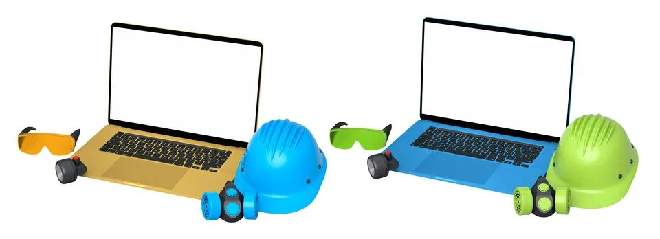 Laptops with blank screens surrounded by construction helmets, respirators an Stock Illustration