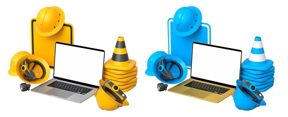 Laptops with blank screens surrounded by construction helmets, cones and wa.. Stock Illustration