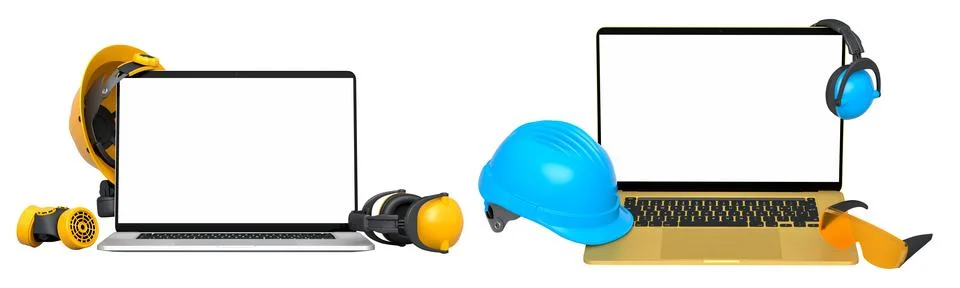 Laptops with blank screens surrounded by construction helmets, respirators an Stock Illustration