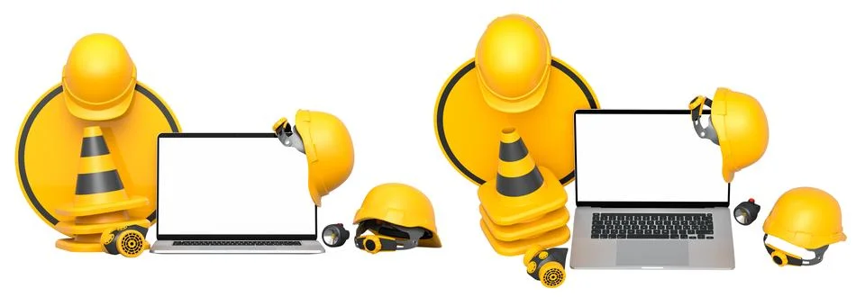 Laptops with blank screens surrounded by construction helmets, cones and wa.. Stock Illustration