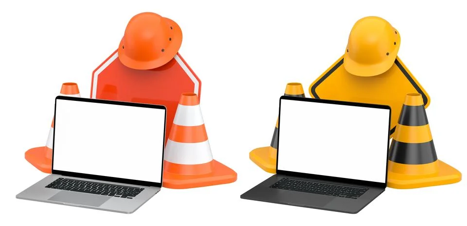 Laptops with blank screens surrounded by construction helmets, cones and wa.. Stock Illustration