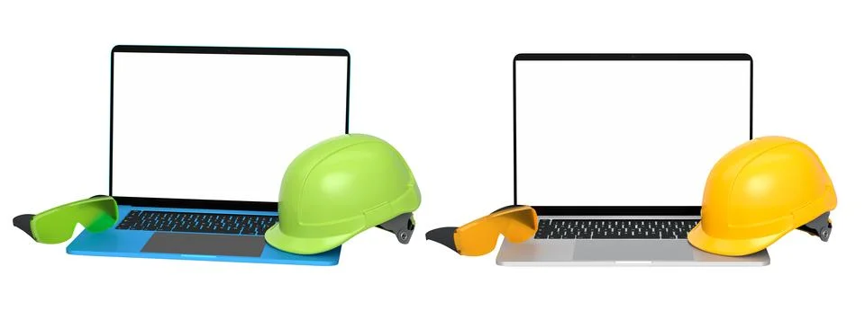 Laptops with blank screens surrounded by construction helmets, respirators .. Stock Illustration