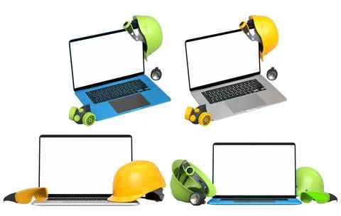 Laptops with blank screens surrounded by construction helmets, respirators .. Illustrazione stock