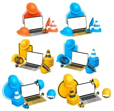 Laptops with blank screens surrounded by construction helmets, cones and warn Stock Illustration
