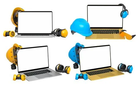 Laptops with blank screens surrounded by construction helmets, respirators and Stock Illustration