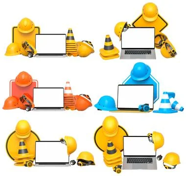 Laptops with blank screens surrounded by construction helmets, cones and warning Stock Illustration