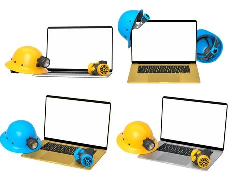 Laptops with blank screens surrounded by construction helmets, respirators an Stock Illustration