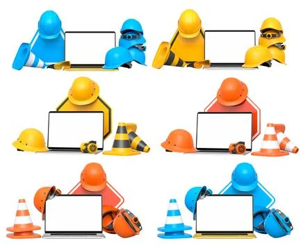 Laptops with blank screens surrounded by construction helmets, cones and warn イラスト素材
