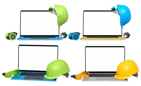 Laptops with blank screens surrounded by construction helmets, respirators an Stock Illustration