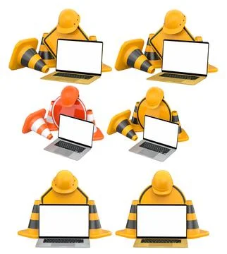 Laptops with blank screens surrounded by construction helmets, cones and warn Stock Illustration
