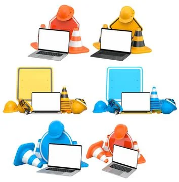 Laptops with blank screens surrounded by construction helmets, cones and wa.. 写真素材