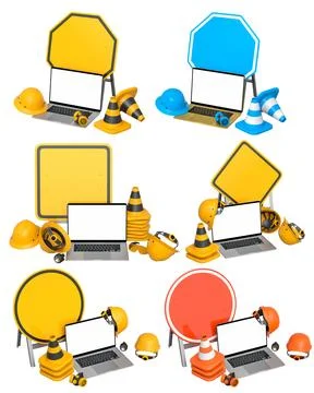 Laptops with blank screens surrounded by construction helmets, cones and warn 写真素材