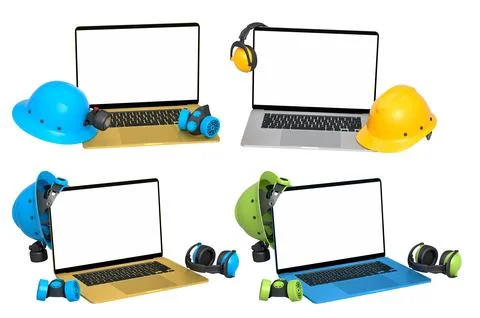 Laptops with blank screens surrounded by construction helmets, respirators an 写真素材