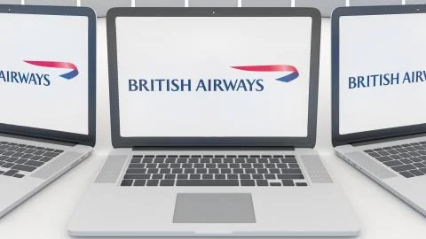 Laptops with British Airways logo on the screen. Computer technology conceptual Stock Illustration