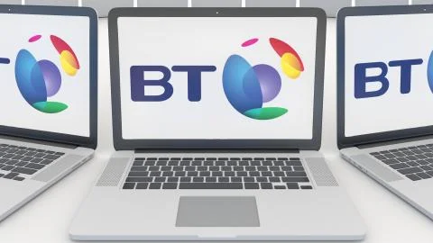 Laptops with BT Group logo on the screen. Computer technology conceptual Illustrazione stock