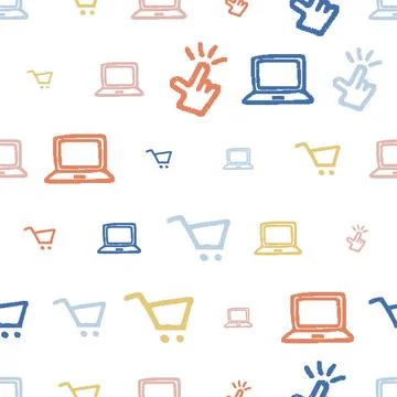 Laptops Carts Clicks Seamless Pattern. Vector seamless dithering pixel styl.. Stock Illustration