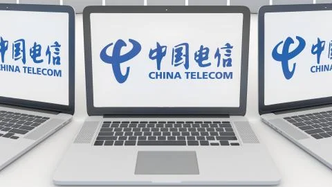 Laptops with China Telecom logo on the screen. Computer technology conceptual Illustrazione stock