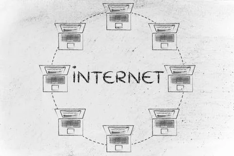 Laptops in a circle shaped network, with text Internet 스톡 일러스트