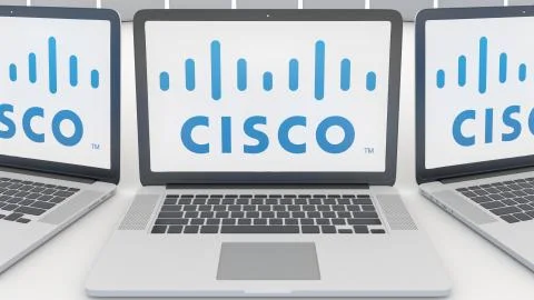 Laptops with Cisco Systems logo on the screen. Computer technology conceptual Stock Illustration