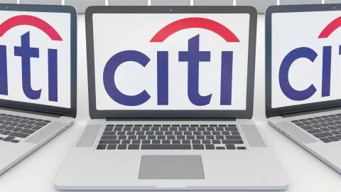 Laptops with Citigroup logo on the screen. Computer technology conceptual Stock-Illustration