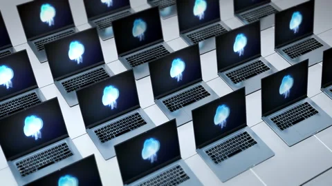 Laptops with cloud symbols on screens connected in server farm network structure Stock Footage 247324864