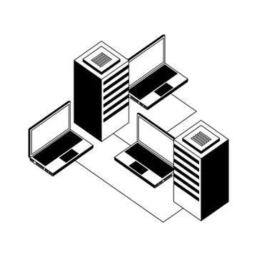 Laptops computers and server with circuit isometric Stock Illustration