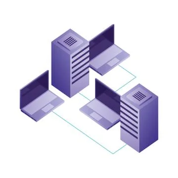 Laptops computers and server with circuit isometric Stock Illustration