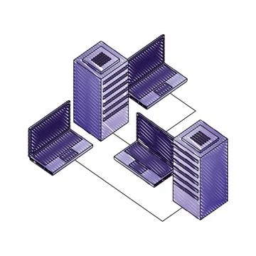 Laptops computers and server with circuit isometric Stock Illustration