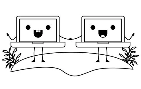 Laptops computers couple kawaii characters Stockillustratie