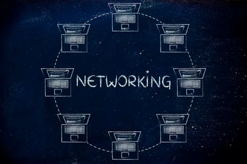 Laptops connected to each other &amp; transferring data, with text networking 스톡 일러스트