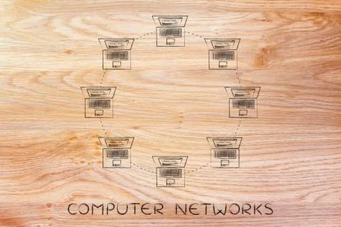 Laptops connected in a ring network structure, computer networks Illustrazione stock