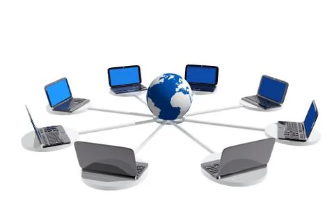 Laptops connected to a world globe Stock Illustration