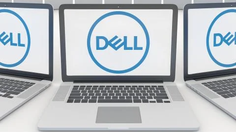 Laptops with Dell Inc. logo on the screen. Computer technology conceptual Illustrazione stock
