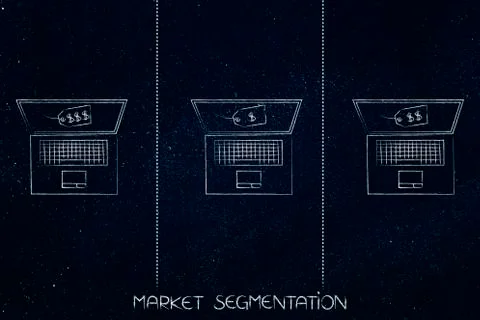 Laptops with different item price tags on the screen divided by dashed lines  Stock Illustration