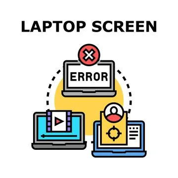 Laptops displaying error message, video player, and target user Stock Illustration